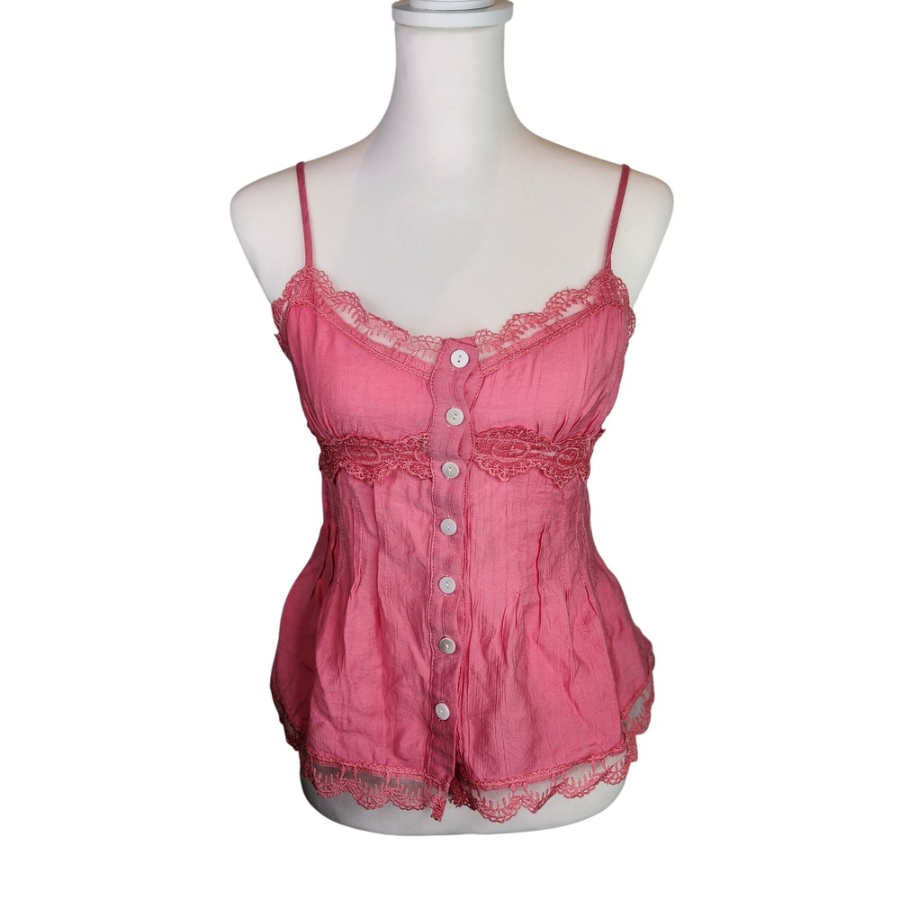 Pink Coquette Tank Top with Crochet and Lace Trim Button‎ Down Camisole Size 6